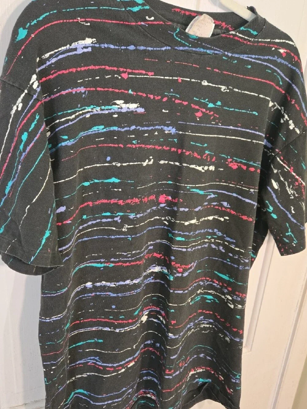 Men's Vintage Hanes Black Tee with Multicolor Paint Stripe Design XL
